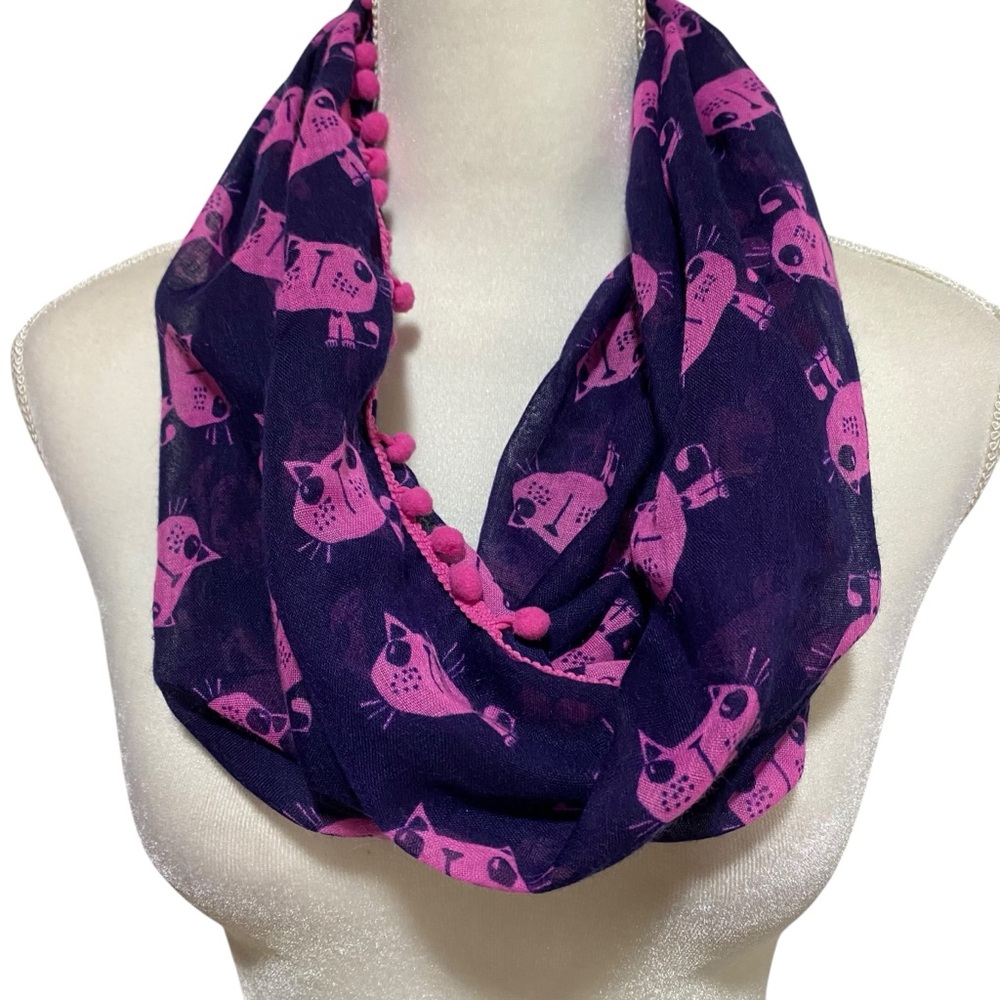 CAT infinity Scarf Pink Purple Cat print Pop-Pom trim